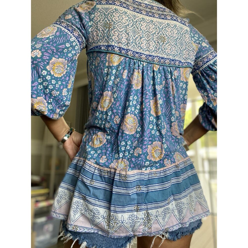FREE PEOPLE floral Cotton Blouse Womens Lace Inset pearl buttons Tunic Top S/P - Picture 2 of 8